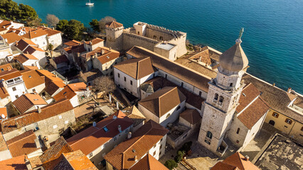 Aerial view of historic Adriatic town of Krk , Island of Krk, Kvarner bay of Adriatic sea, Croatia, Europe