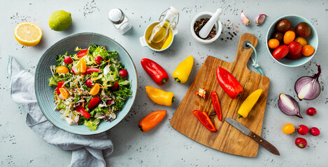 Preparing fresh colorful spring vegetable salad - healthy organic vegan lunch.