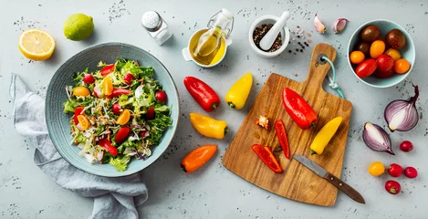 Wandcirkels plexiglas Preparing fresh colorful spring vegetable salad - healthy organic vegan lunch. © pinkyone