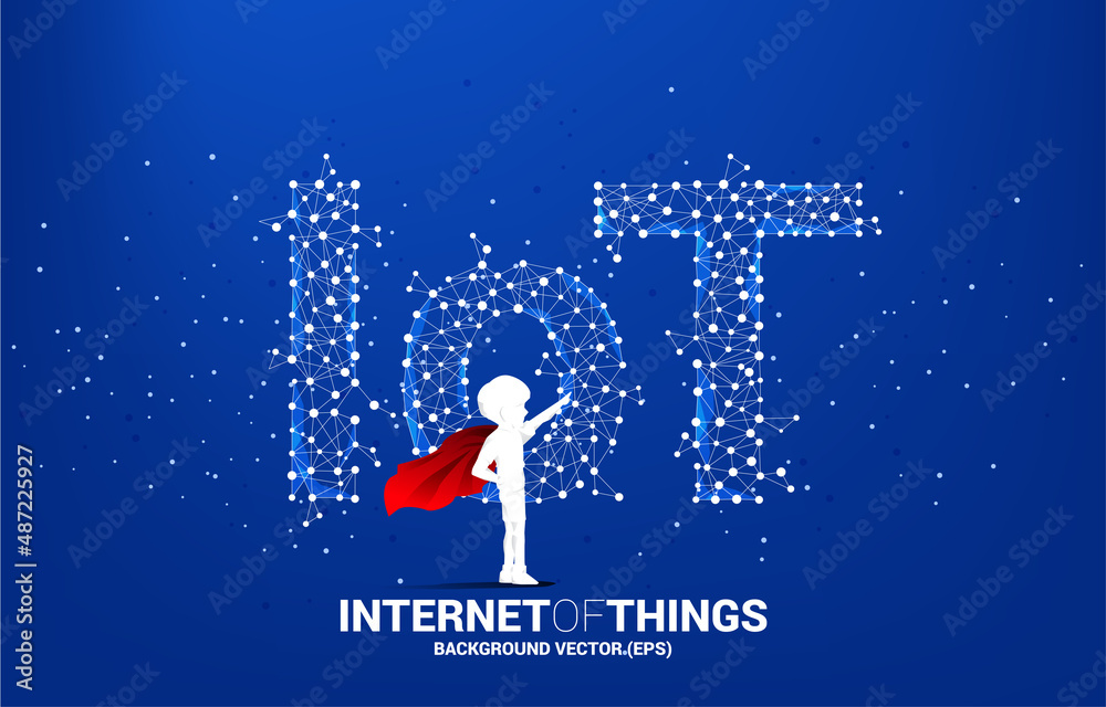 Aufkleber silhouette of kid in superhero suit flying with polygon dot connect line shaped iot wording . concep