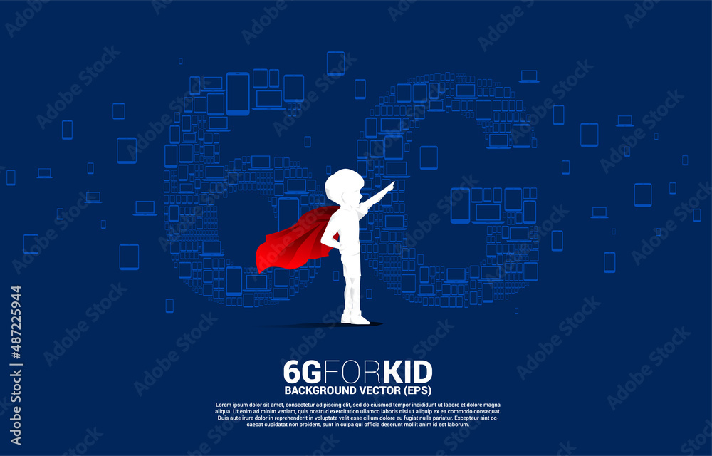 Aufkleber Silhouette of kid in superhero suit with 6G mobile networking from multiple device. Concept for child and mobile sim card technology and network.