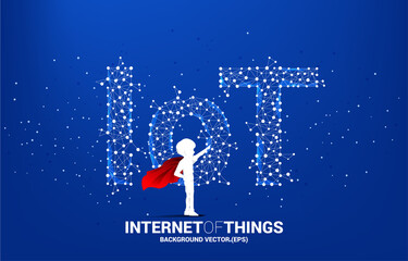 Silhouette of kid in superhero suit flying with Polygon dot connect line shaped IoT wording . Concept for telecommunication and internet of things.