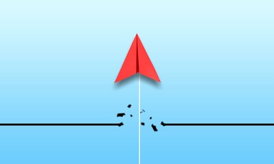 Red paper plane breaking through obstacle, Concept of overcoming barriers, goal, target