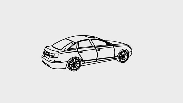 Rotating cartoon sports car, race car. 3d animation render cartoon pen, ink style. Rotating vehicle. Rotating car , automobile  simple lines.  Seamless loop