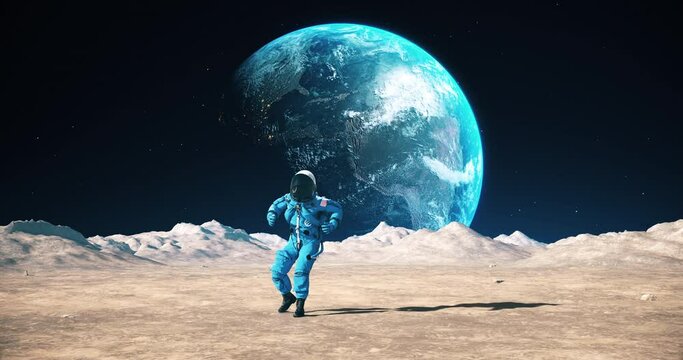 Crazy Astronaut Dancing On The Surface Of The Moon. Celebrating His Success. Planet Earth Visible In Space.