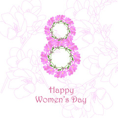 Happy Womens Day banner. 8 pink fresia flowers art design stock vector illustration for web, for print