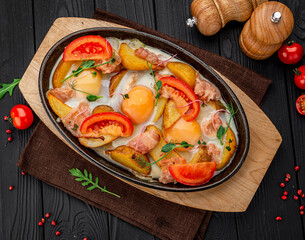 Frying pan with potatoes meat and egg on black concrete background