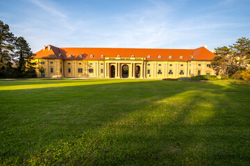 Fototapeta na wymiar Green gardens in Lednice castle Chateau yard in Moravia, Czech Republic. UNESCO World Heritage Site.