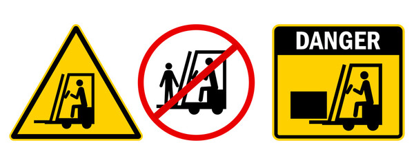 Illustration with forklift warning sign. Loader warning signs. Sign prohibition of people on a forklift. Vector illustration. stock image. 