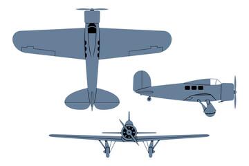 Orion L-9 Airliner 1931. Top, Side, Front View Silhouettes. Vintage airplane. Vector clipart isolated on white.