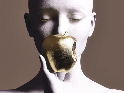 A female figure holding a bitten golden apple. 3D illustration.