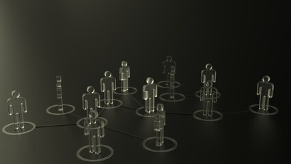 Chain of clear human figurines connected by clear lines under white lighting. Cooperation and interaction between people and employees. Dissemination of information in society, rumors. 3D CG.