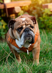 Fototapeta premium Red English British Bulldog in orange harness out for a walk standing on green grass in spring sunny day