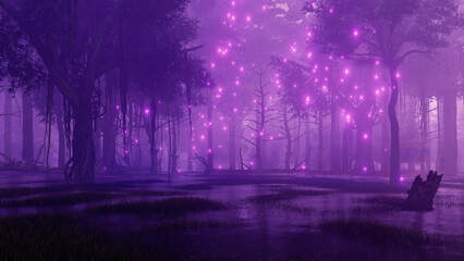 Supernatural fairy firefly lights flying around creepy dead trees in swampy mystical night forest. Fantasy 3D illustration from my own 3D rendering file.