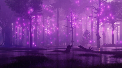 Mysterious forest swamp with magical firefly lights soaring in the air at dark misty night. Fantasy 3D illustration from my own 3D rendering file.