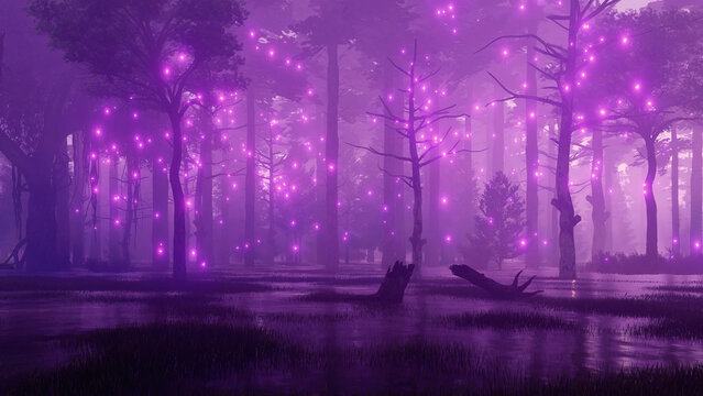 Mysterious forest swamp with magical firefly lights soaring in the air at dark misty night. Fantasy 3D illustration from my own 3D rendering file.