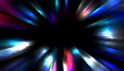 Dynamic rays of light isolated on black background. Graphic 2D illustration of glowing colorful light particles.
