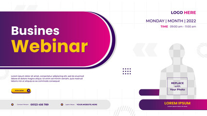 Business webinar website banner template with half ellipse frame and geometric white purple background