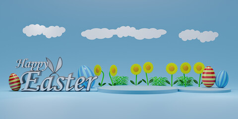 3d Illustration of Easter greetings with 3d product podiums, 3d easter texts, spring day mataha flowers, clouds, Easter eggs and rabbit ears, 3d graphic concept, Valid for banners, posters.