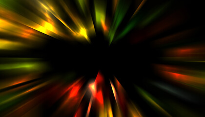 Dynamic rays of light isolated on black background. Graphic 2D illustration of glowing colorful light particles.