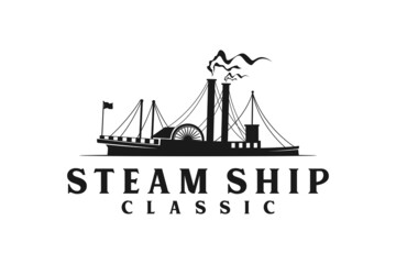 Classic Steamship Steamboat Vessel Ship Boat Silhouette logo design - obrazy, fototapety, plakaty