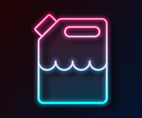 Glowing neon line Canister for gasoline icon isolated on black background. Diesel gas icon. Vector