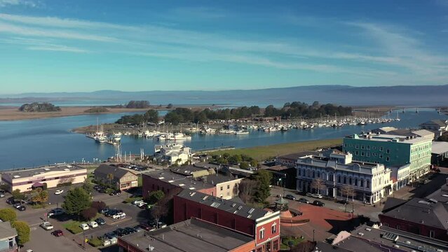 Eureka California, USA, drone forward above old buildings.