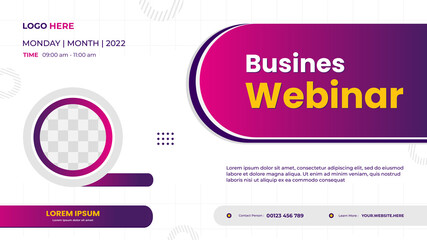 Business webinar website banner template with circle frame and geometric white purple background