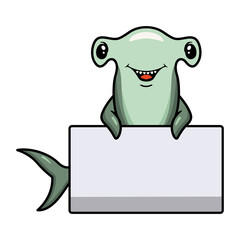 Cute hammerhead shark cartoon with blank sign