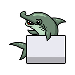 Cute hammerhead shark cartoon with blank sign