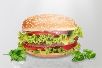 Fresh tasty vegan burger with plant based meat free cutlet