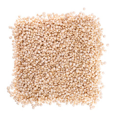 White quinoa seeds isolated on white background. Pile of raw kinwa. Top view.