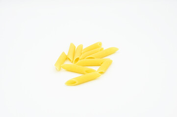 Raw penne rigate pasta, isolated on a white background
