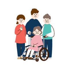 車椅子に座った高齢女性と家族