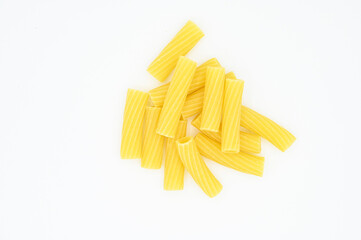 Raw Tortiglioni pasta, isolated on a white background