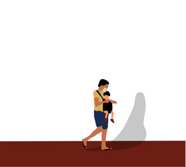 Father wear face mask with newborn baby in sling walking in the city street. Vector flat design illustration.