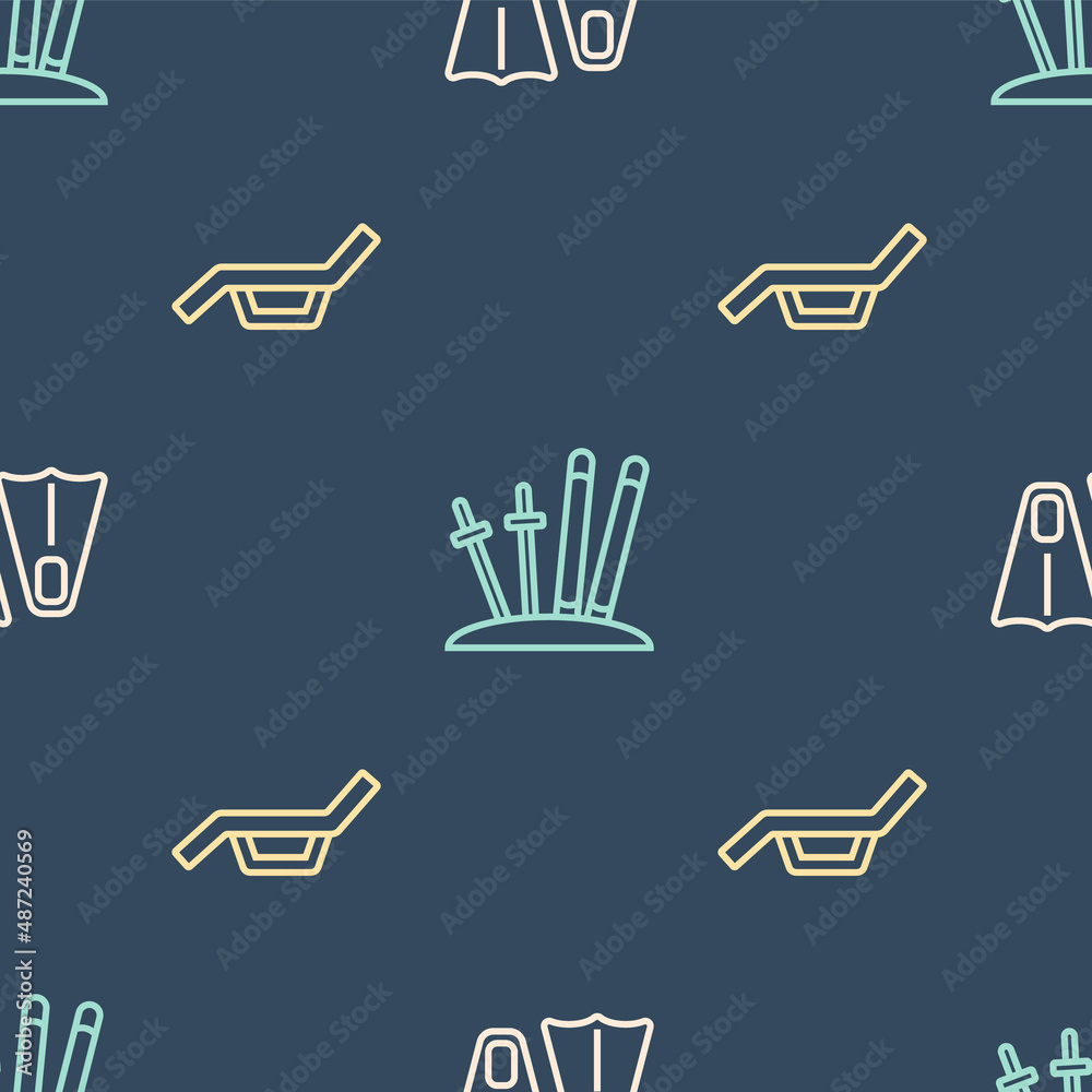 Wall mural Set line Rubber flippers for swimming, Sunbed and umbrella and Ski sticks on seamless pattern. Vector