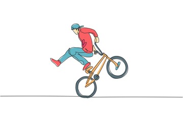 Naklejka premium Single continuous line drawing of young BMX cycle rider show extreme risky trick in skatepark. BMX freestyle concept. Trendy one line draw design vector illustration for freestyle promotion media