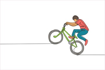 Naklejka na ściany i meble Single continuous line drawing of young BMX cycle rider show extreme risky trick in skatepark. BMX freestyle concept. Trendy one line draw design vector illustration for freestyle promotion media