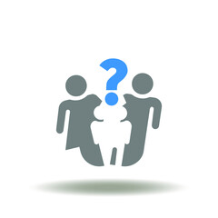Vector illustration of family breakdown with question mark. Icon of divorce family. Symbol of divorced people. Family crisis sign.