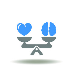 Vector illustration of seesaw balance with heart and brain. Icon of empathy and sympathy. Symbol of love emotion or empathy. - obrazy, fototapety, plakaty