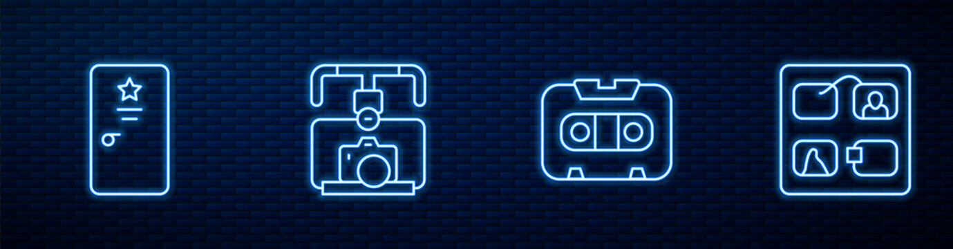 Set Line Retro Audio Cassette Tape, Backstage, Gimbal Stabilizer With Camera And Storyboard. Glowing Neon Icon On Brick Wall. Vector