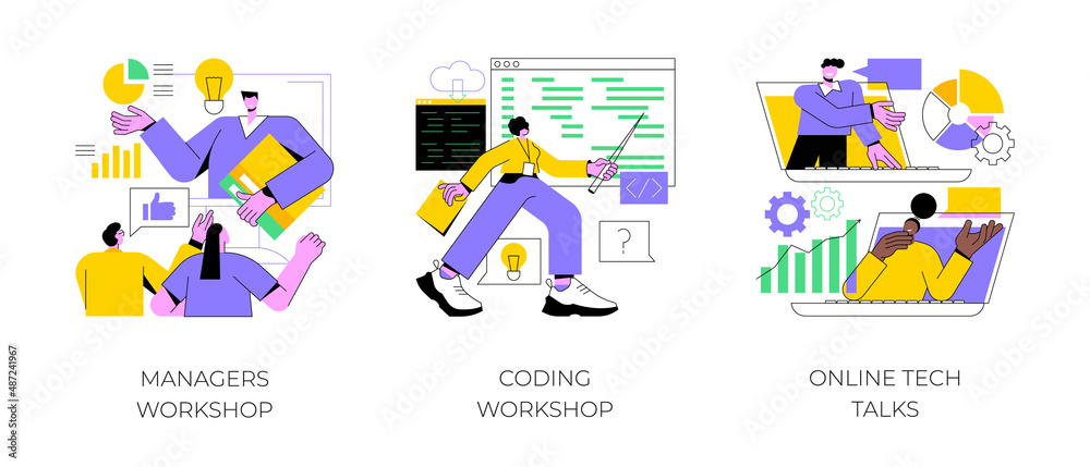 Poster employee skills training abstract concept vector illustration set. managers and coding workshops, on