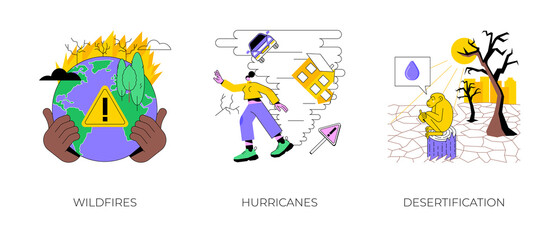 Natural disaster abstract concept vector illustration set. Wildfires and hurricanes, desertification and draught, deforestation problem, climate change, global warming, firefighting abstract metaphor.