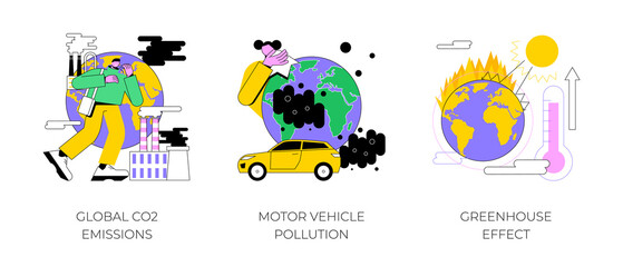 Fototapeta premium Air pollution abstract concept vector illustration set. Global CO2 emissions, motor vehicle pollution, greenhouse effect, car exhaust, transportation industry, ozone layer abstract metaphor.