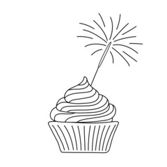 Vector illustration of a cupcake with sparkler in doodle style.