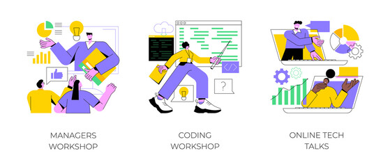 Employee skills training abstract concept vector illustration set. Managers and coding workshops, online tech talks, write code, software development, presentation, web session abstract metaphor.