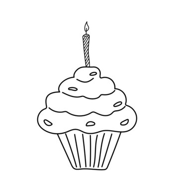 Vector illustration of a cupcake with candle in doodle style.