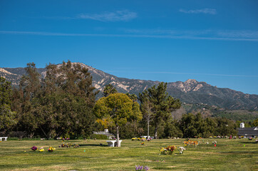 Santa Barbara, California, USA - February 8, 2022: Calvary Cemetery. Landscape, Many colorful...