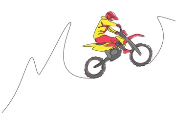 One continuous line drawing of young motocross rider jumping fly high into the air. Extreme sport concept. Dynamic single line draw design vector graphic illustration for motocross competition poster